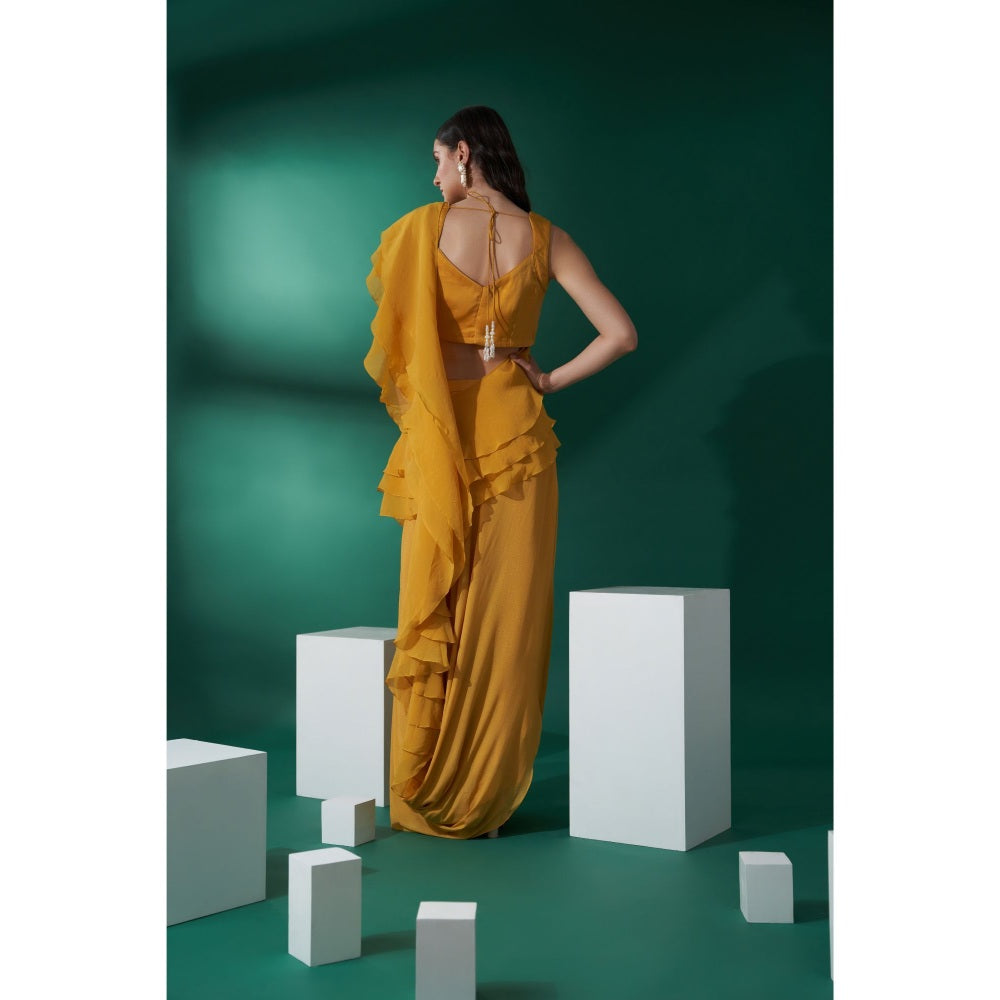 Suruchi Parakh Womens Mustard Embroidered Pre Drape Saree and Blouse with Stitched