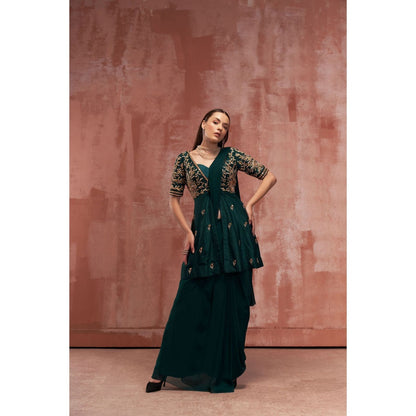 Suruchi Parakh Green Embroidered Pre Drape Saree with Bustier and Peplum Blouse with Stitched