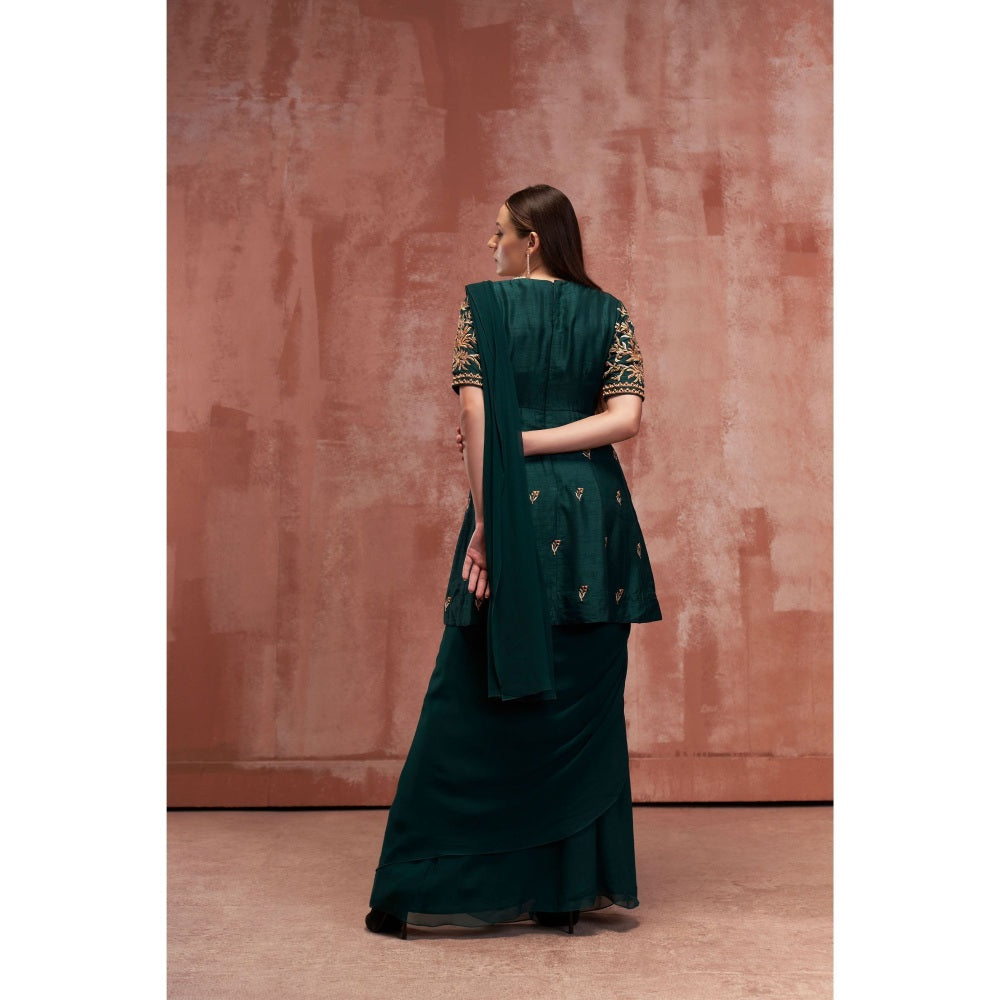 Suruchi Parakh Green Embroidered Pre Drape Saree with Bustier and Peplum Blouse with Stitched