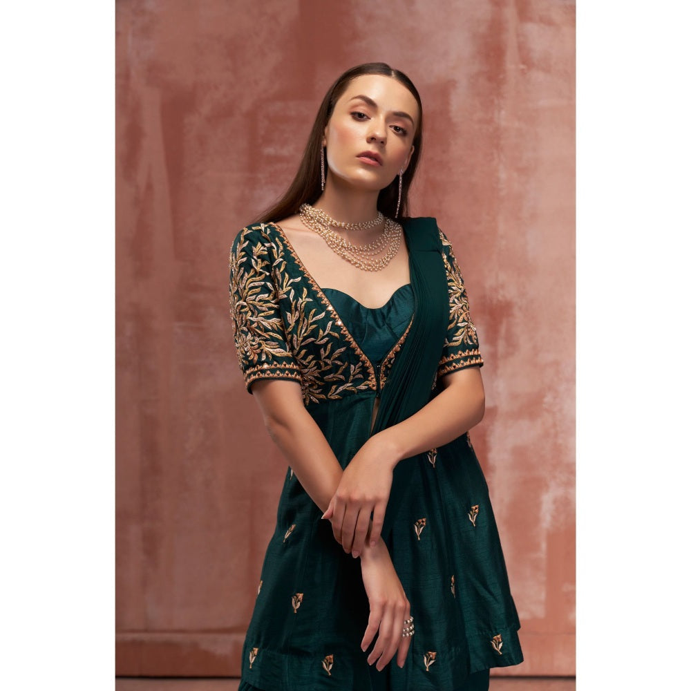 Suruchi Parakh Green Embroidered Pre Drape Saree with Bustier and Peplum Blouse with Stitched