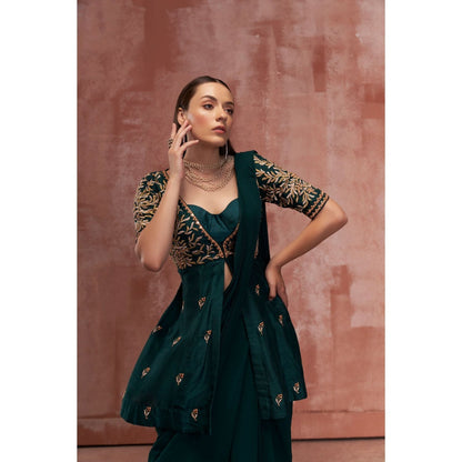 Suruchi Parakh Green Embroidered Pre Drape Saree with Bustier and Peplum Blouse with Stitched