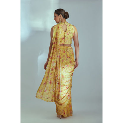 Suruchi Parakh Yellow Floral Print Pre Drape Saree and Blouse with Stitched