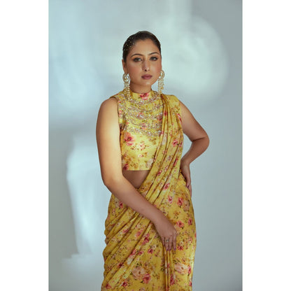 Suruchi Parakh Yellow Floral Print Pre Drape Saree and Blouse with Stitched