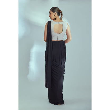Suruchi Parakh Black Embellished Pre Drape Saree and Blouse with Stitched