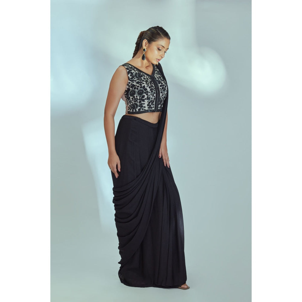 Suruchi Parakh Black Embellished Pre Drape Saree and Blouse with Stitched