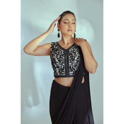Suruchi Parakh Black Embellished Pre Drape Saree and Blouse with Stitched