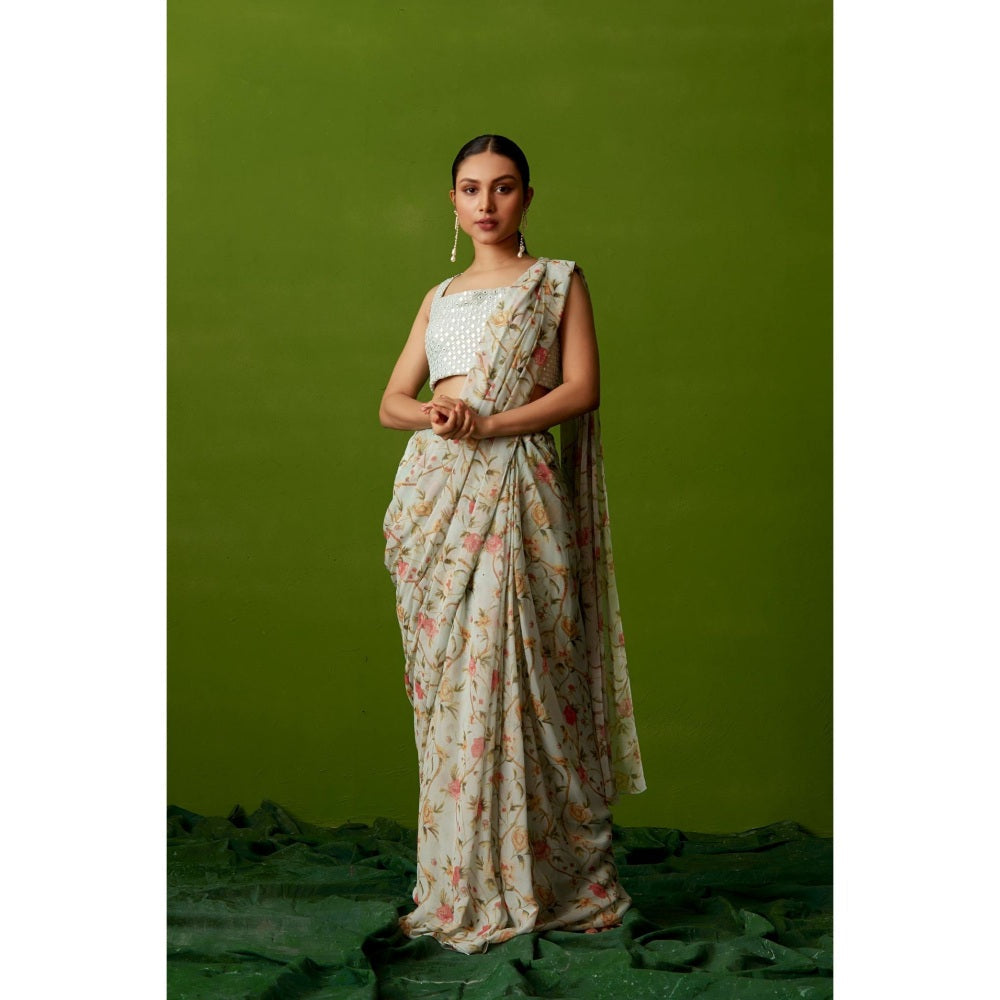 Suruchi Parakh Blue Floral Print Pre Drape Saree and Blouse with Stitched