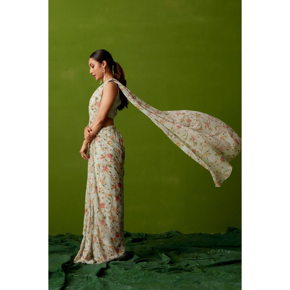 Suruchi Parakh Blue Floral Print Pre Drape Saree and Blouse with Stitched