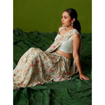 Suruchi Parakh Blue Floral Print Pre Drape Saree and Blouse with Stitched