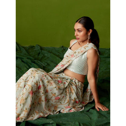 Suruchi Parakh Blue Floral Print Pre Drape Saree and Blouse with Stitched