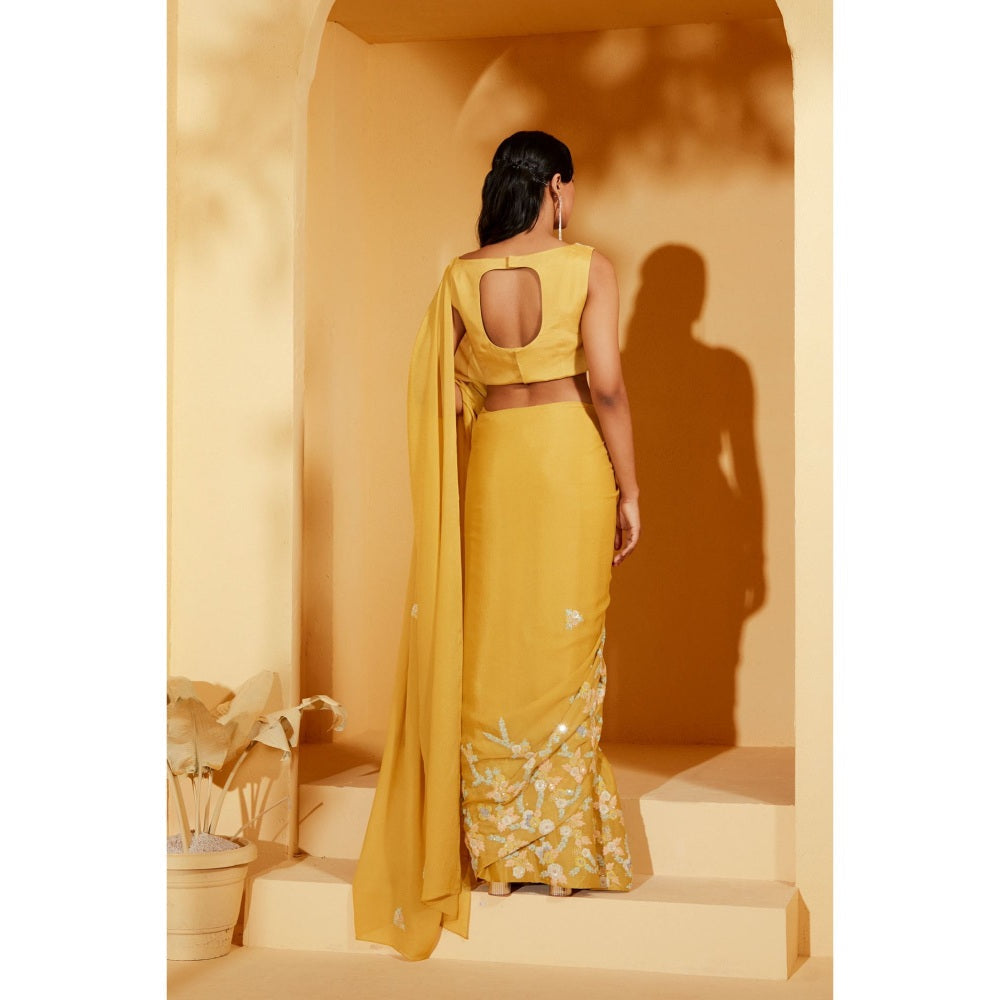 Suruchi Parakh Yellow Embellished Saree with Petticoat and Blouse with Stitched