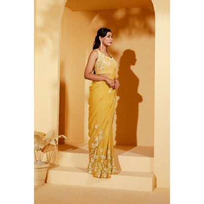 Suruchi Parakh Yellow Embellished Saree with Petticoat and Blouse with Stitched