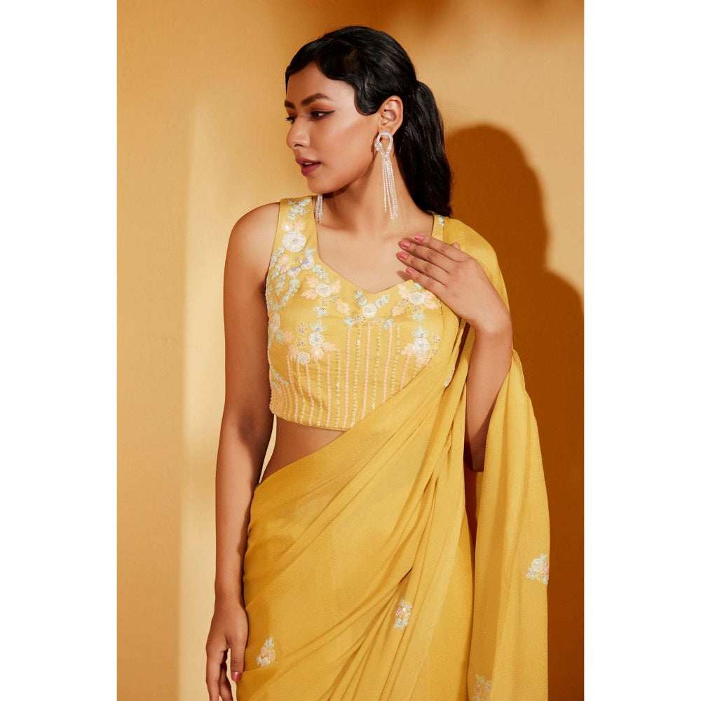 Suruchi Parakh Yellow Embellished Saree with Petticoat and Blouse with Stitched