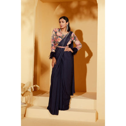 Suruchi Parakh Navy Blue Embellished Pre Drape Saree and Blouse with Stitched
