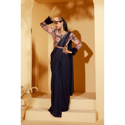 Suruchi Parakh Navy Blue Embellished Pre Drape Saree and Blouse with Stitched