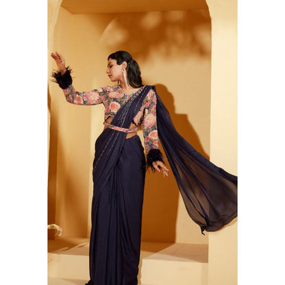 Suruchi Parakh Navy Blue Embellished Pre Drape Saree and Blouse with Stitched
