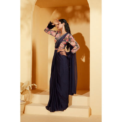 Suruchi Parakh Navy Blue Embellished Pre Drape Saree and Blouse with Stitched