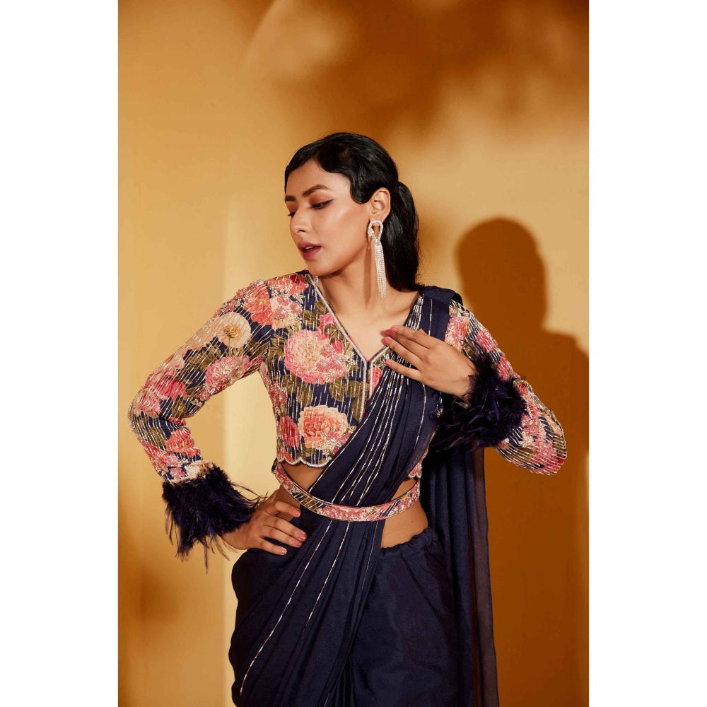 Suruchi Parakh Navy Blue Embellished Pre Drape Saree and Blouse with Stitched