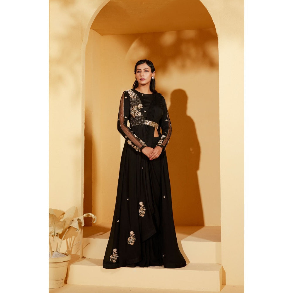 Suruchi Parakh Black Embellished Pre Drape Saree and Blouse Jacket with Stitched