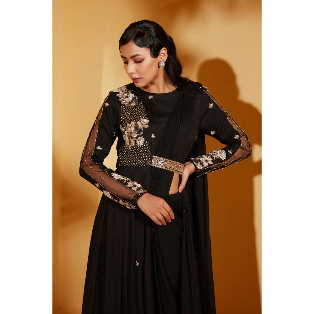 Suruchi Parakh Black Embellished Pre Drape Saree and Blouse Jacket with Stitched