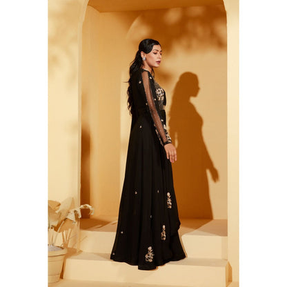 Suruchi Parakh Black Embellished Pre Drape Saree and Blouse Jacket with Stitched