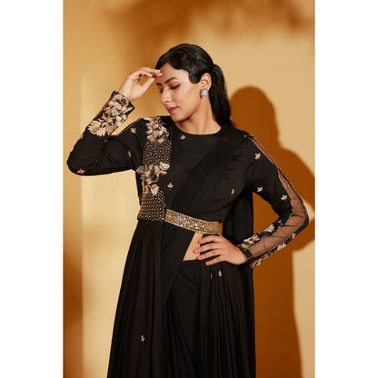Suruchi Parakh Black Embellished Pre Drape Saree and Blouse Jacket with Stitched