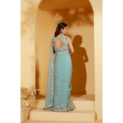 Suruchi Parakh Blue Embroidered Saree with Petticoat and Blouse with Stitched