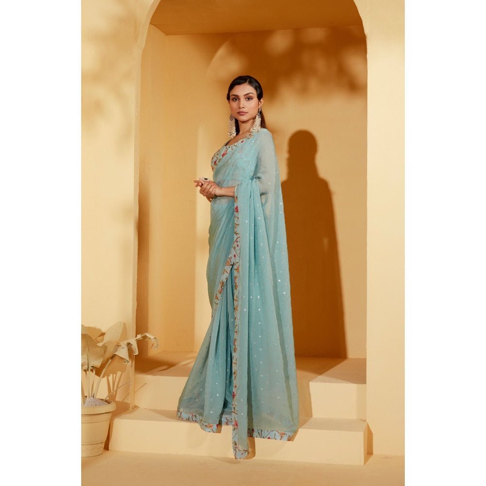 Suruchi Parakh Blue Embroidered Saree with Petticoat and Blouse with Stitched