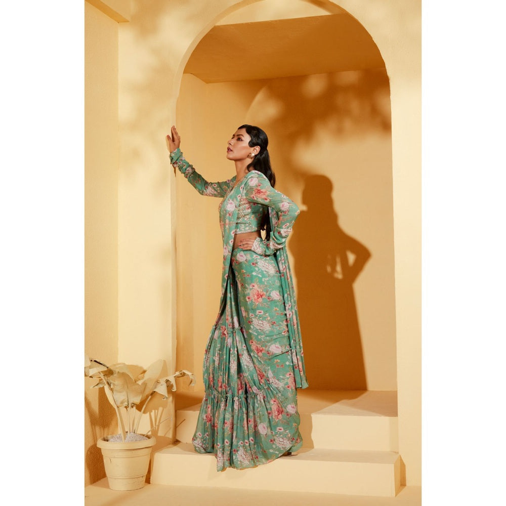 Suruchi Parakh Turquoise Floral Print Pre Drape Saree and Blouse with Stitched
