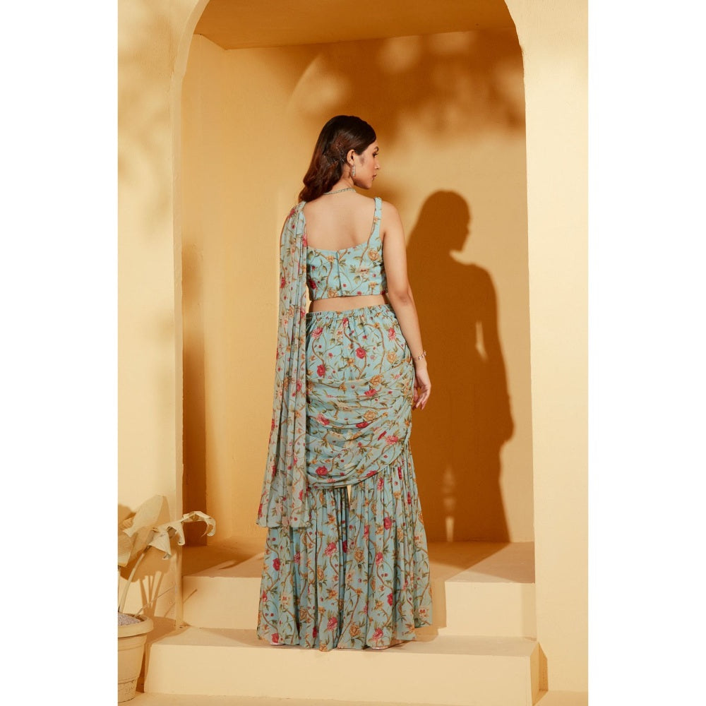 Suruchi Parakh Turquoise Embellished Pre Drape Saree and Blouse with Stitched