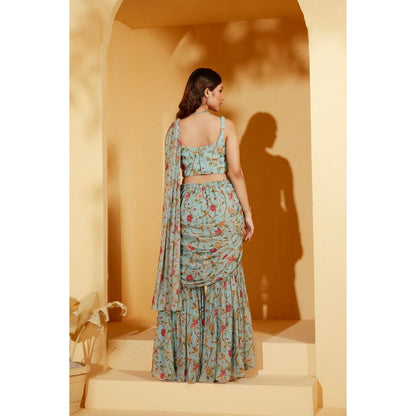 Suruchi Parakh Turquoise Embellished Pre Drape Saree and Blouse with Stitched