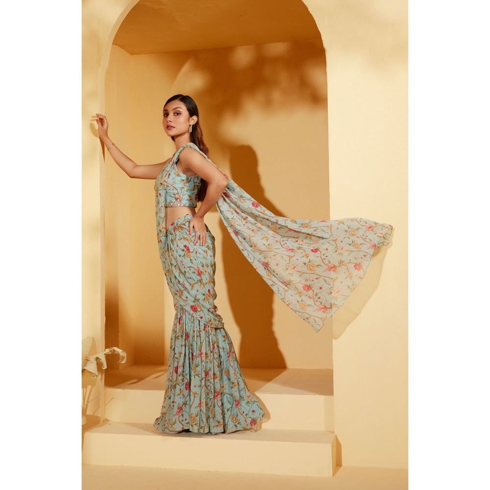 Suruchi Parakh Turquoise Embellished Pre Drape Saree and Blouse with Stitched