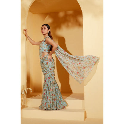 Suruchi Parakh Turquoise Embellished Pre Drape Saree and Blouse with Stitched