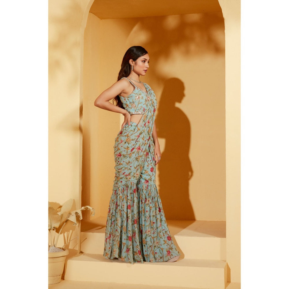 Suruchi Parakh Turquoise Embellished Pre Drape Saree and Blouse with Stitched