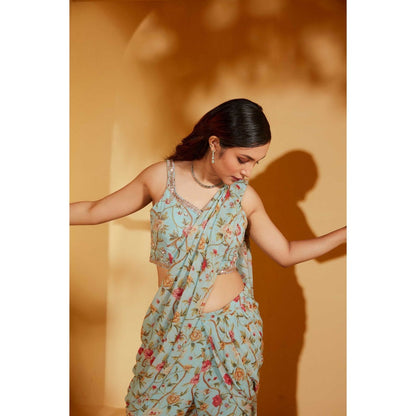 Suruchi Parakh Turquoise Embellished Pre Drape Saree and Blouse with Stitched