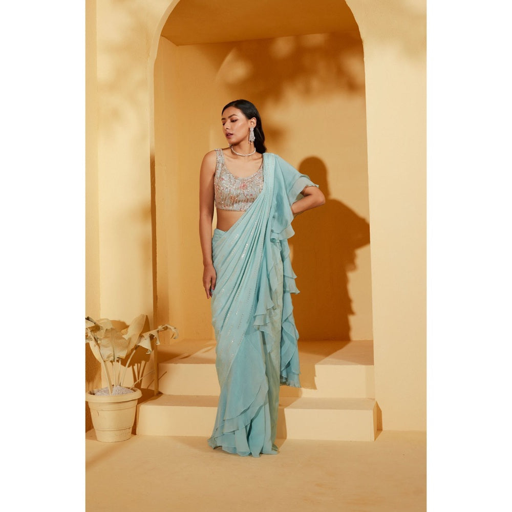 Suruchi Parakh Blue Embellished Pre Drape Saree and Blouse with Stitched