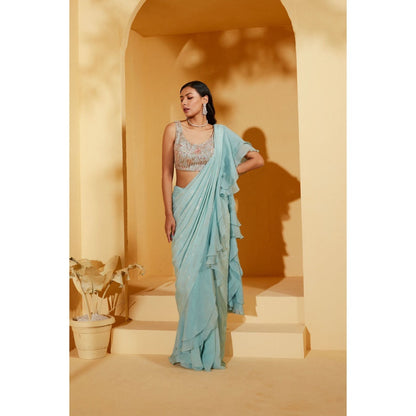 Suruchi Parakh Blue Embellished Pre Drape Saree and Blouse with Stitched