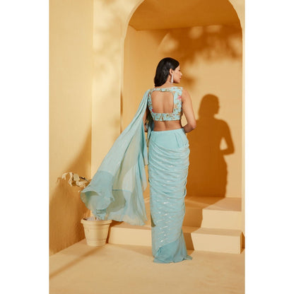 Suruchi Parakh Blue Embellished Pre Drape Saree and Blouse with Stitched