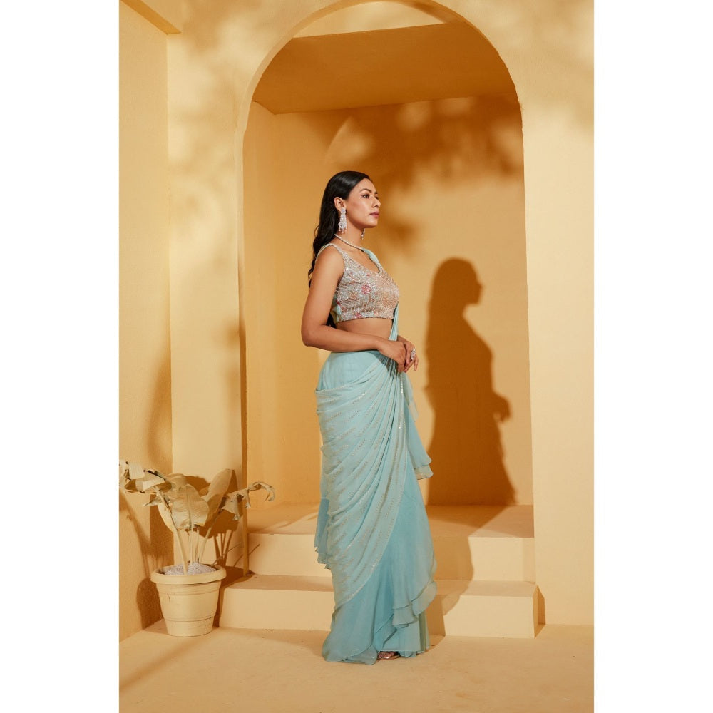 Suruchi Parakh Blue Embellished Pre Drape Saree and Blouse with Stitched