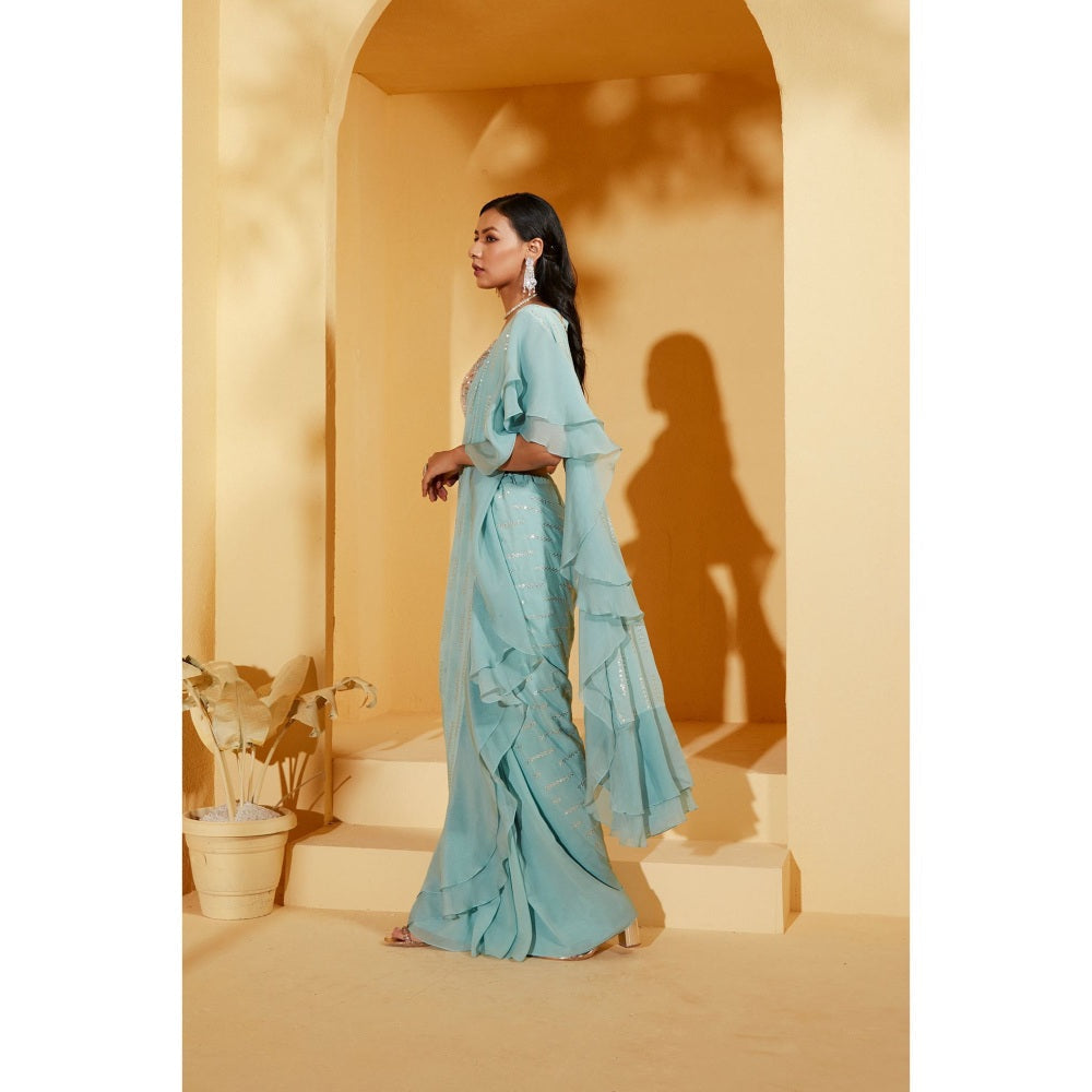 Suruchi Parakh Blue Embellished Pre Drape Saree and Blouse with Stitched