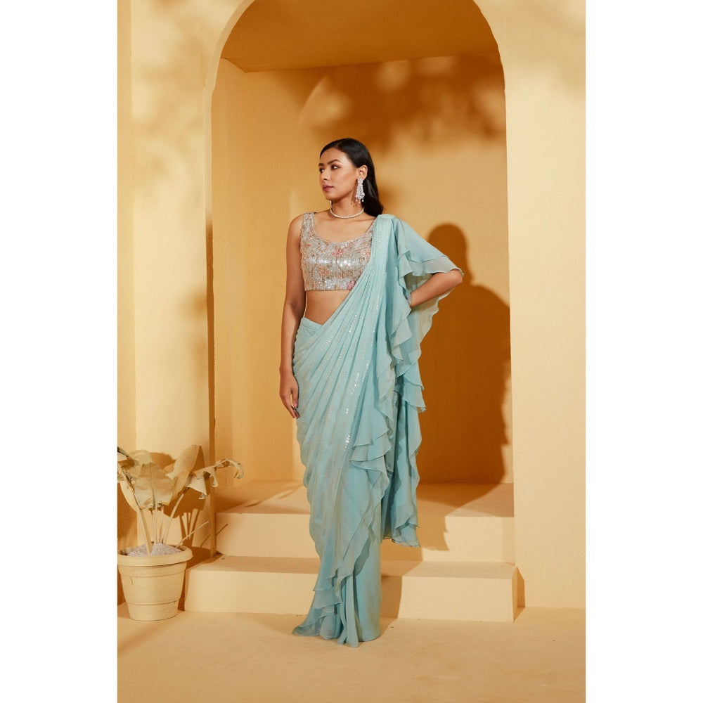 Suruchi Parakh Blue Embellished Pre Drape Saree and Blouse with Stitched