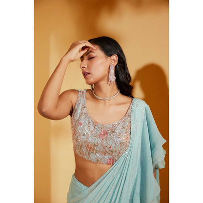 Suruchi Parakh Blue Embellished Pre Drape Saree and Blouse with Stitched