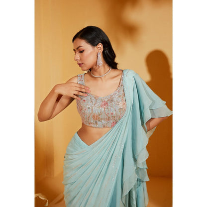Suruchi Parakh Blue Embellished Pre Drape Saree and Blouse with Stitched