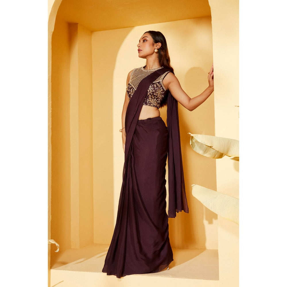 Suruchi Parakh Wine Embroidered Pre Drape Sarees and Blouse with Stitched