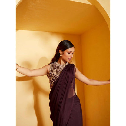 Suruchi Parakh Wine Embroidered Pre Drape Sarees and Blouse with Stitched