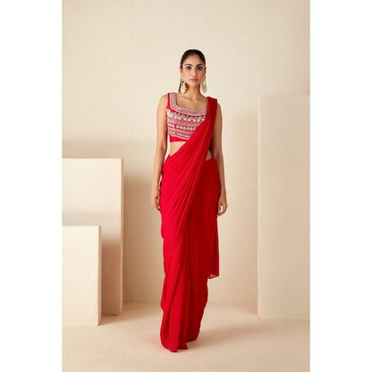 Suruchi Parakh Red Embroidered Pre Drape Sarees and Blouse with Stitched