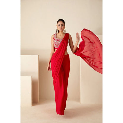 Suruchi Parakh Red Embroidered Pre Drape Sarees and Blouse with Stitched
