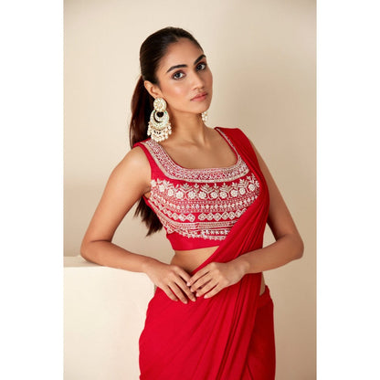 Suruchi Parakh Red Embroidered Pre Drape Sarees and Blouse with Stitched