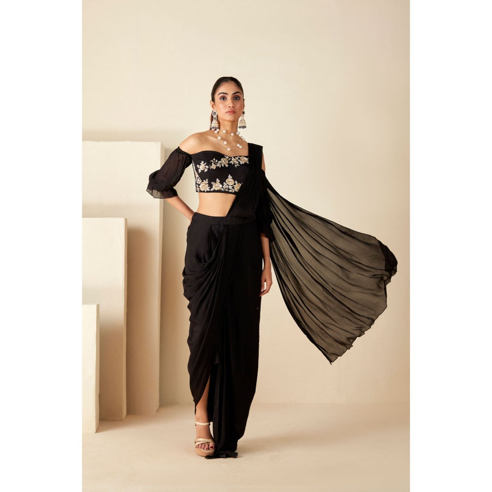 Suruchi Parakh Black Embroidered Pre Drape Sarees and Blouse with Stitched