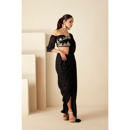 Suruchi Parakh Black Embroidered Pre Drape Sarees and Blouse with Stitched